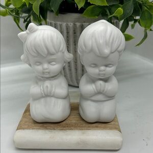Vintage Salt Pepper Shakers White Kitchen Christian Decor Vtg Art Ceramic Craft